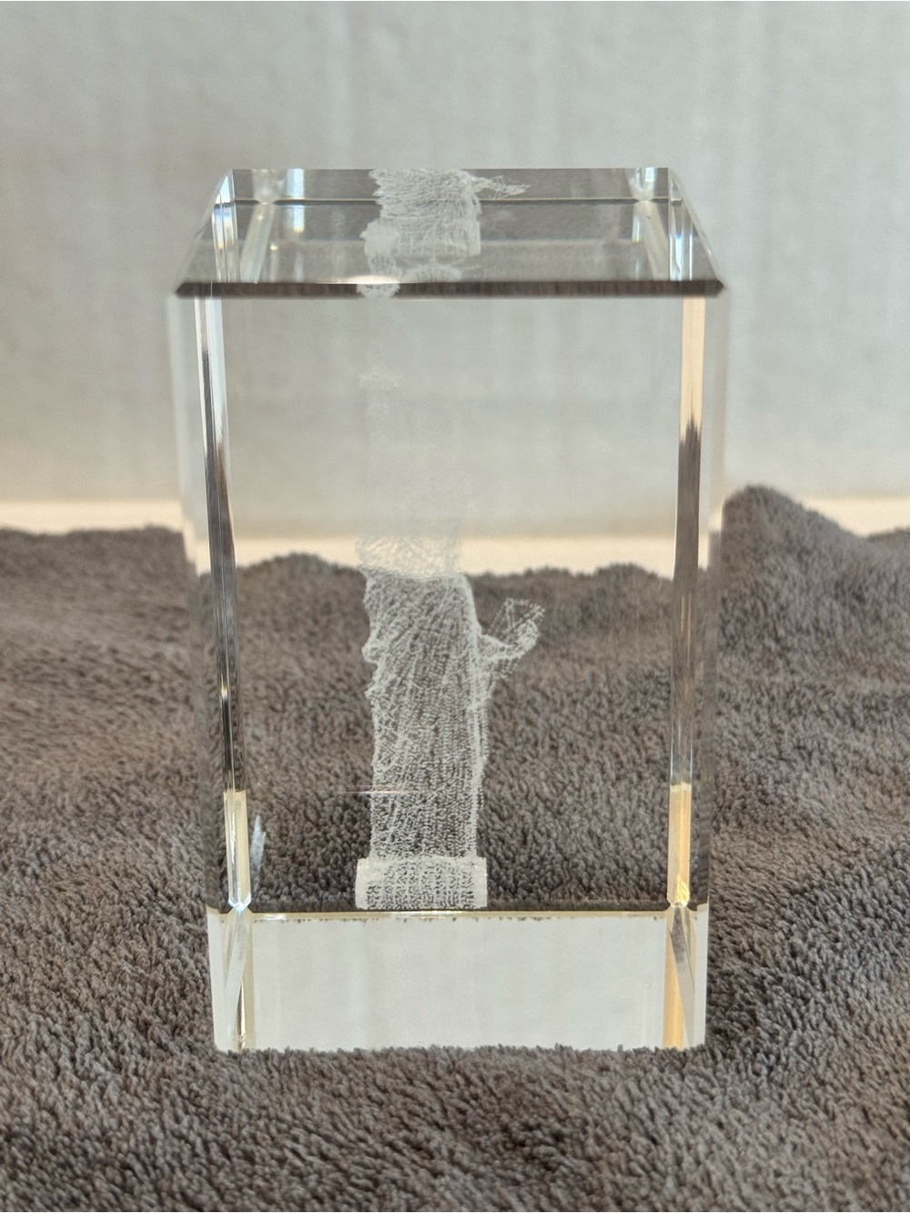 Clear Crystal Glass Art Block with White 3D Engraved Figure